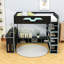 Lit mezzanine double en bois avec bureau intégré, éclairage RVB et rangement polyvalent-95060174