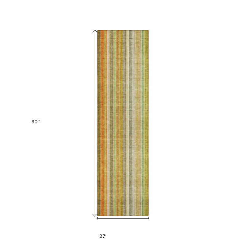 8' Runner Tan Orange and Green Striped Washable Non Skid Indoor Outdoor Runner Rug