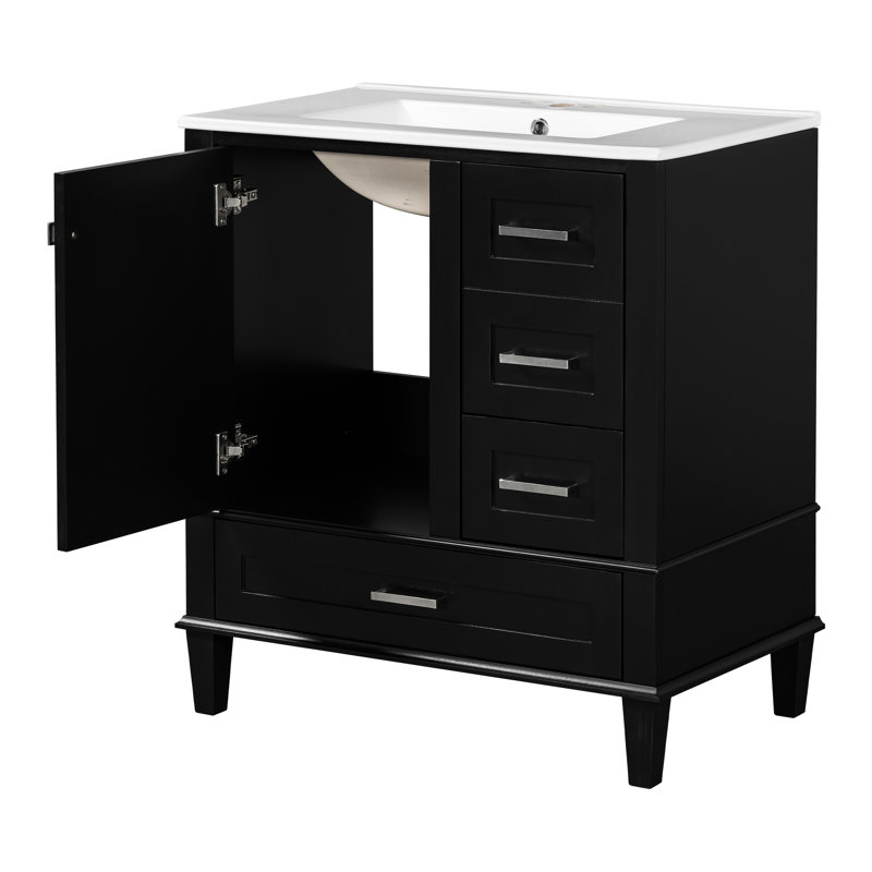 Armoire de salle de bain moderne 30 po, couleur noire, bois massif +, comptoir en céramique, 3 tiroirs et porte pour meuble-lavabo exceptionnel, armoire