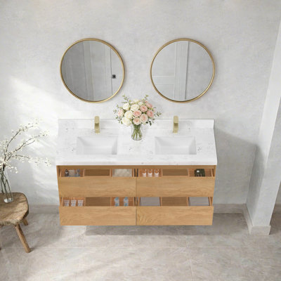 Meuble-lavabo mural double avec comptoir en pierre d'ingénierie blanc Carrara et deux lavabos en céramique