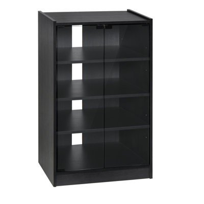 5-Tier Media Stand Cabinet With 3-Level Adjustable Shelves, Tempered Glass Doors, And Cable Management, Distressed Black