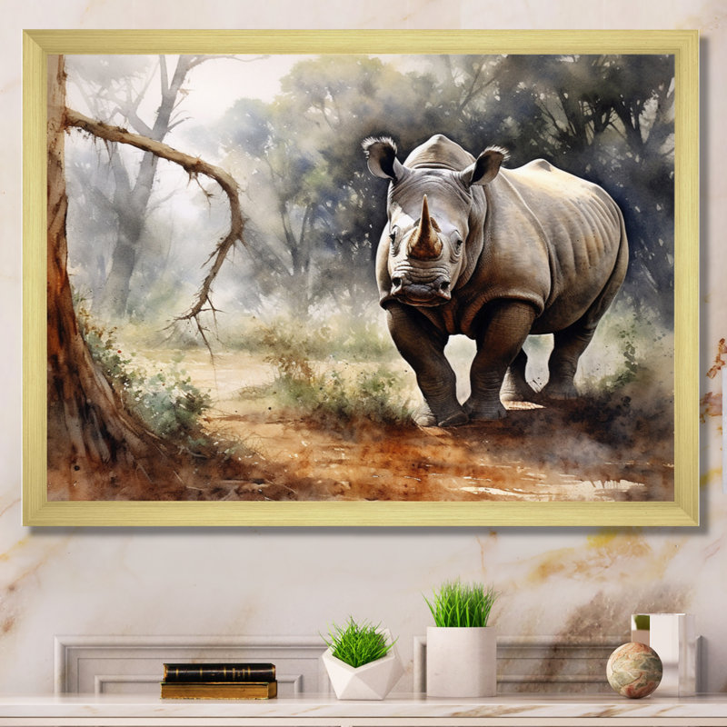 Wild Rhinoceros III - Reproduction d'art mural animaux, Cadre doré à une seule photo, H 30 po x l 40 po x P 1,5 po