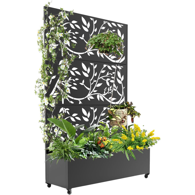 Metal Privacy Screen with Planter Box, Decorative 3-Panel Trellis for Garden, Patio, and Backyard