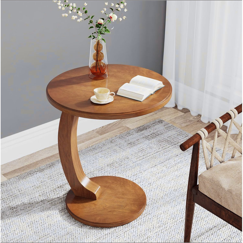 Table d'appoint ronde en forme de C 18,9 po pour petit canapé, table d'appoint pour le salon ou la chambre à coucher, table de chevet rétro Boho avec placage en bois massif, imperméable et résistante aux égratignures