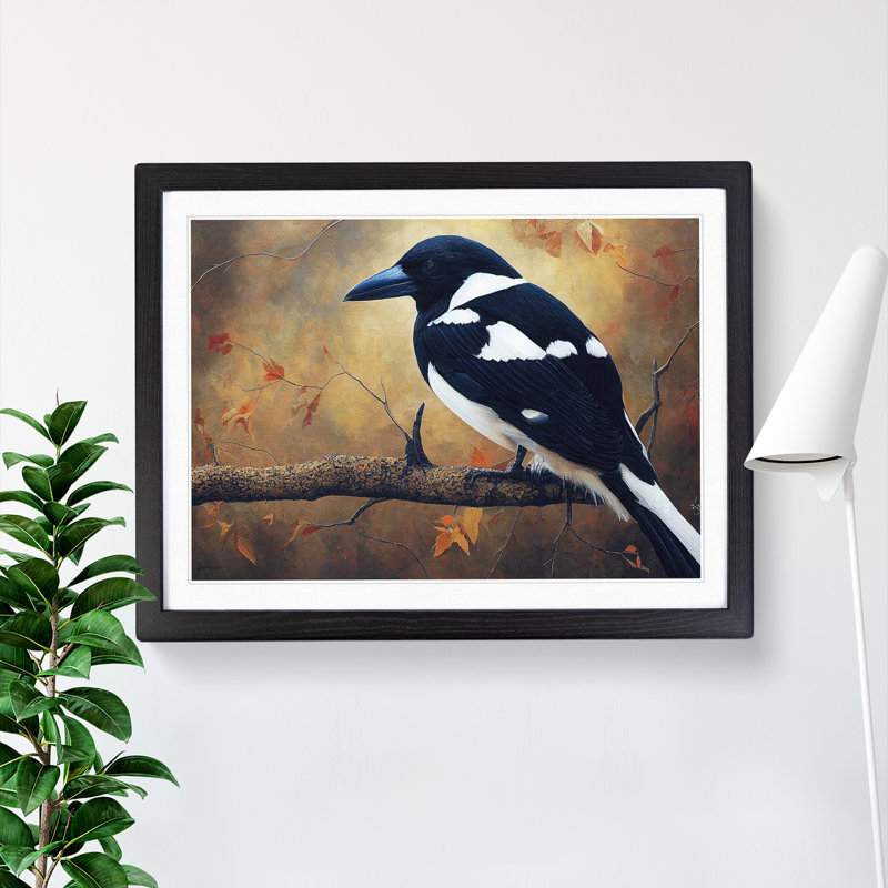 Edgy Magpie Bird - Single Picture Frame Print, Black Framed, 25cm H x 34cm W x 2cm D