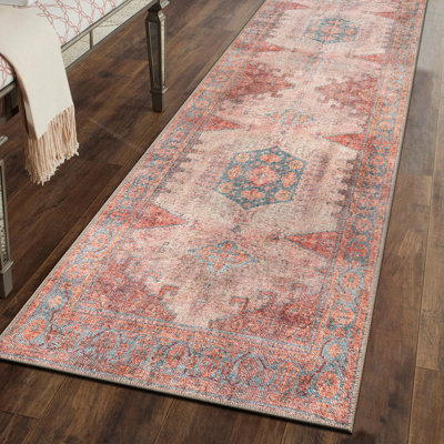 Griffey Vintage Boho Machine Washable Red/Blue Non-Slip Backing Area Rug