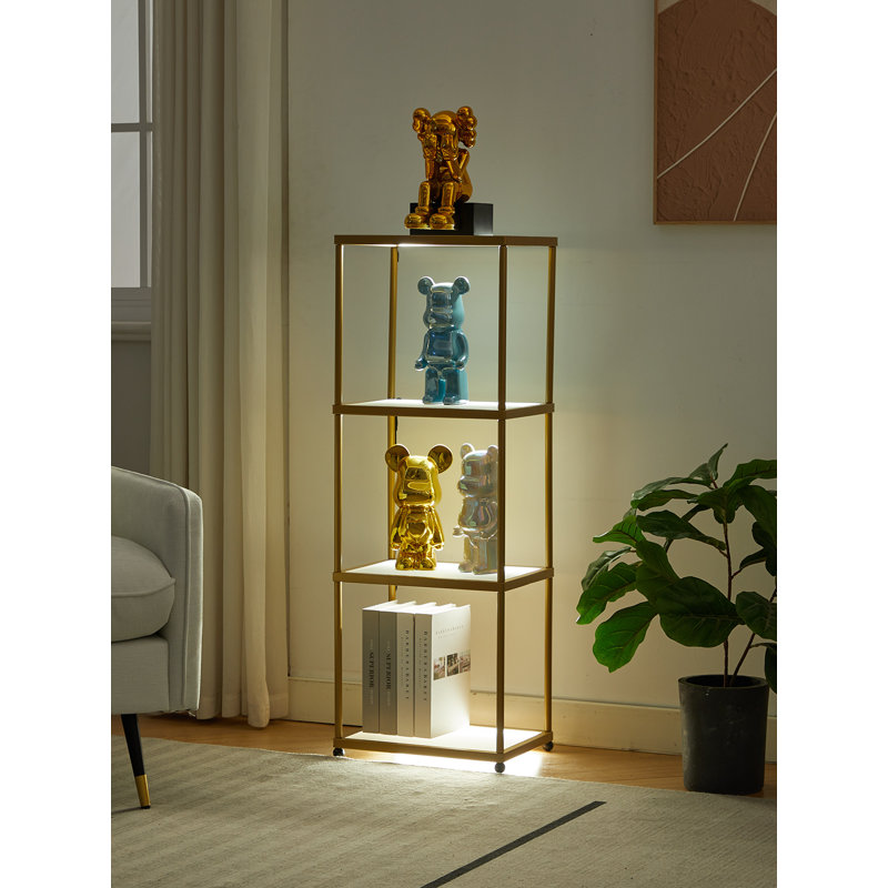 6-Tier LED Glass Display Shelf, Bookcase with Dimmable Lights and Golden Coating Metal Frame