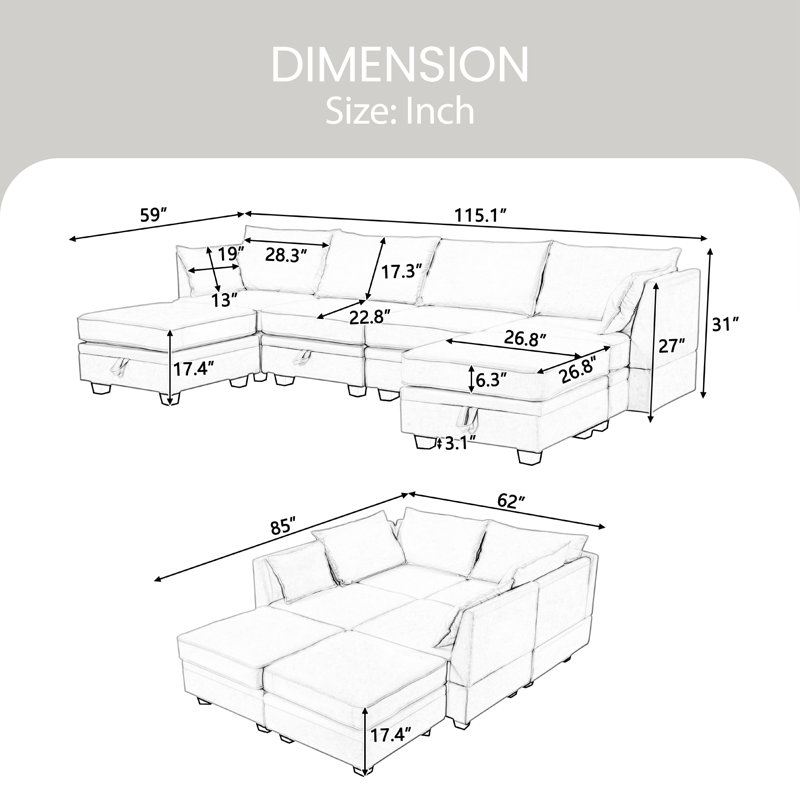 Jocimar Upholstered U-Shaped Sectional Symmetrical, Beige 100% Linen