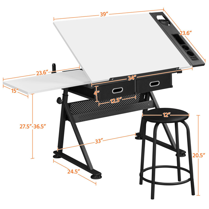 Table de dessin et de dessin à hauteur réglable, Blanc