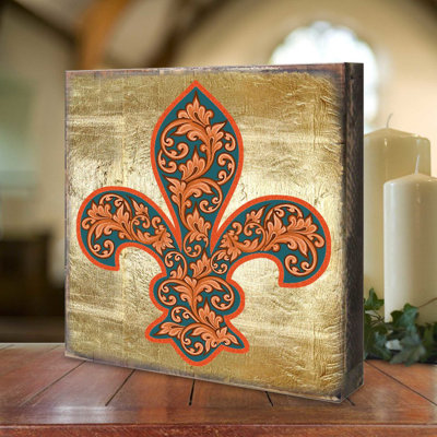 Croix en forme de bloc de fleur plaqué or - Peinture sur bois