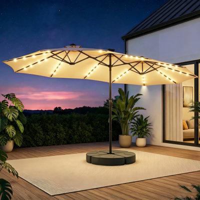 Parasol pour terrasse 180 po x 108 po à double face avec base et 48 lumières à DEL solaires, offrant 10 heures d'éclairage, avec une grande manivelle, convient aux tables de marché, avec une protection UV forte, 12 baleines robustes, Idéal pour les pelouses et les jardins