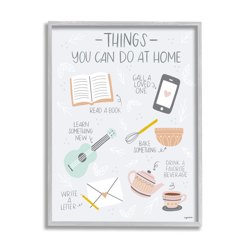 Ae-905 " Things To Do At Home Illustrated Self Care Guide ", 20" H x 16" W x 1.5" D, Farmhouse Gray Framed Giclee