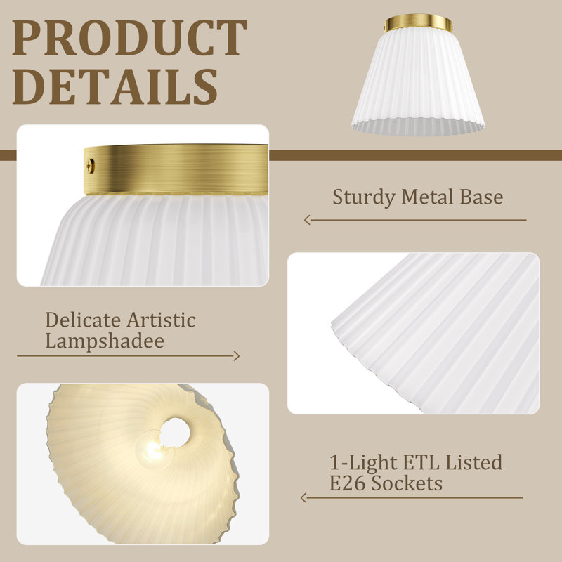 10" 1-Light Modern Brushed Brass Flush Mount With White Ribbed Glass Drum Shade For Hallways/ Stairwells /Dining Rooms
