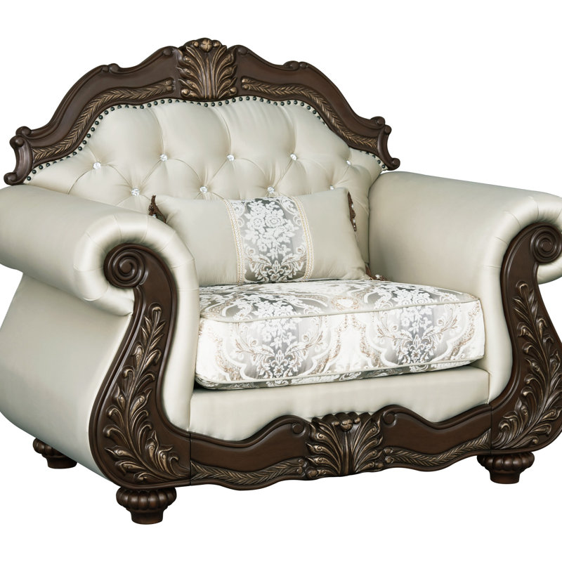 Fauteuil en cerise et tissu beige Pierce