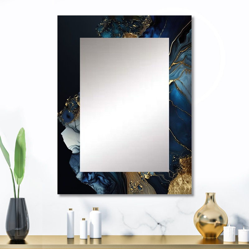 Abstrait géométrique doré et bleu marbre V - miroir décoratif en marbre, miroir mural bleu, impression d'art en métal