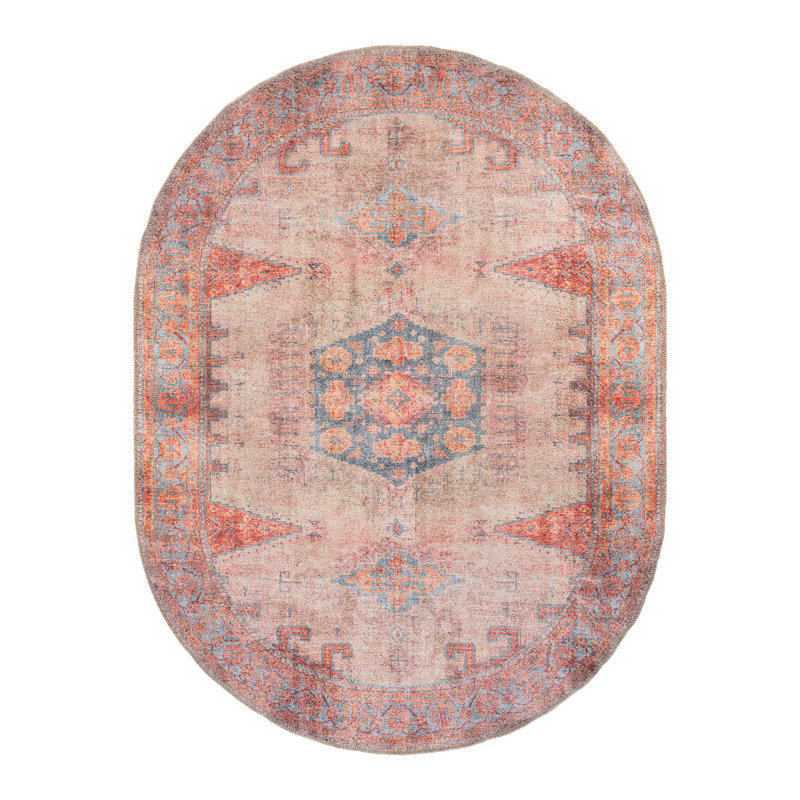 Griffey Vintage Boho Machine Washable Red/Blue Non-Slip Backing Area Rug, Oval 5' x 7'