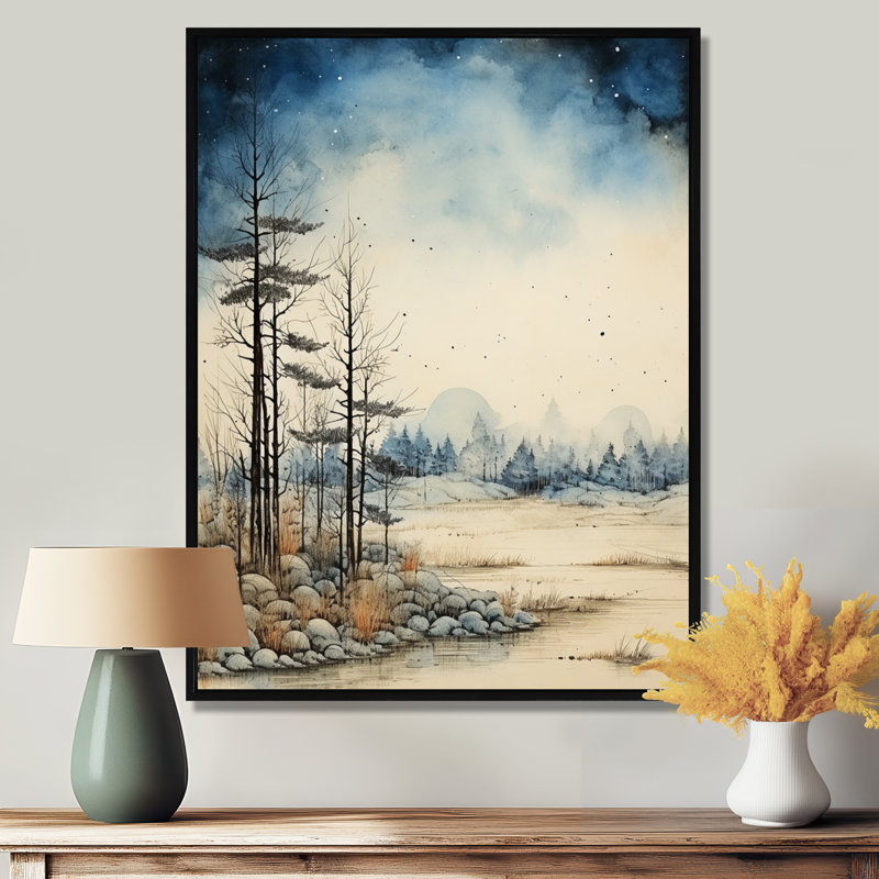 «Lonely Autumn Trees Verge Of Forest», reproduction d'art murale lac, H 32 po x l 24 po, Cadre flottant noir, bois massif