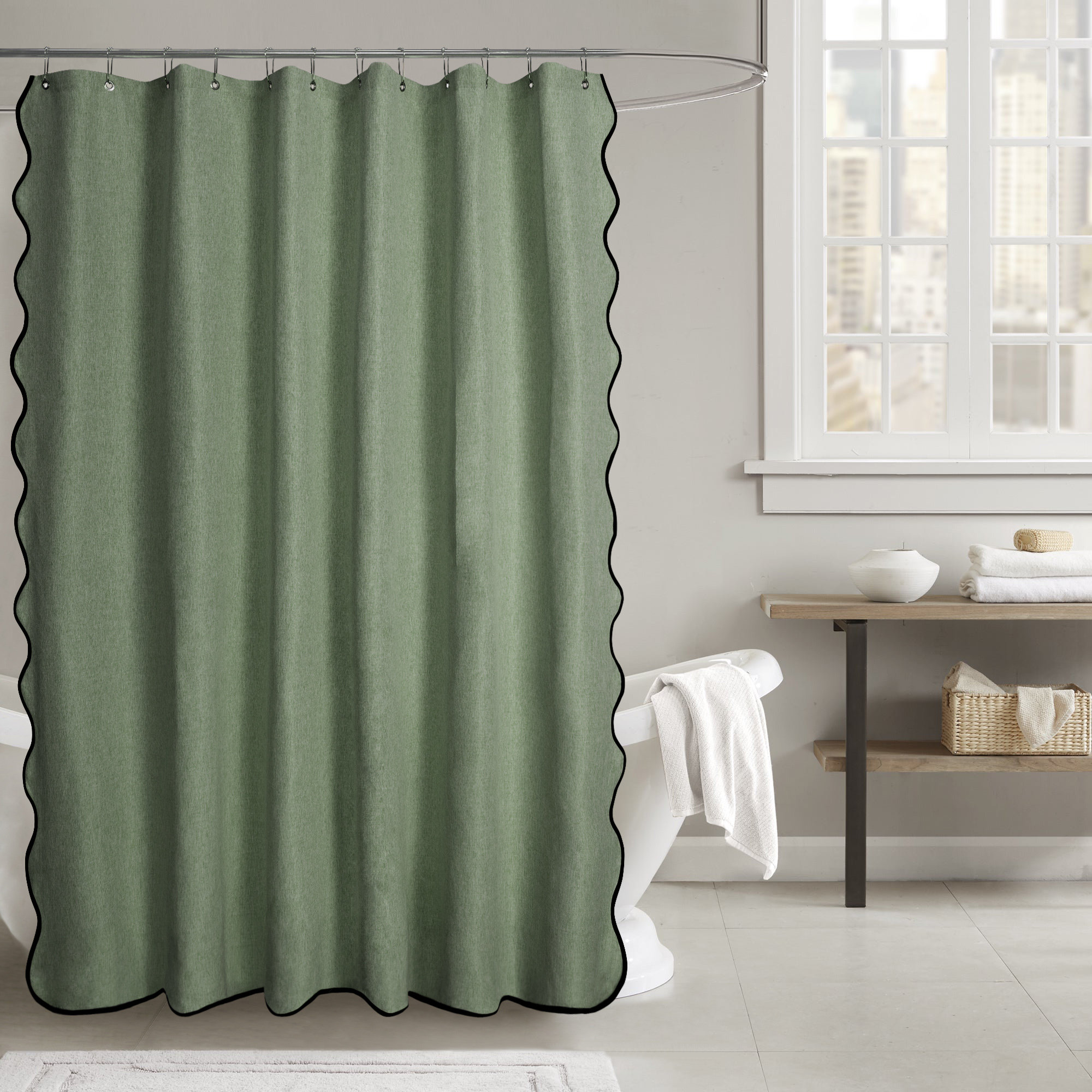 Farmhouse Linen Textured Scalloped Edge Shower Curtain, Sage, 84" H x 72" W