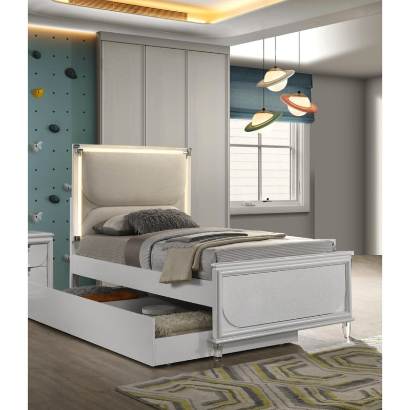 Cadre de lit contemporain blanc perle, taille double, tissu et bois avec panneau DEL tube acrylique taille tactile seulement, cadre sur la tête de lit, ajout de chambre à coucher