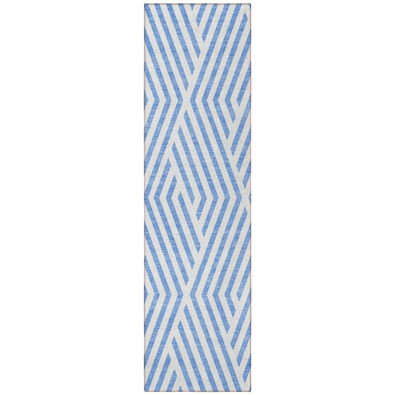 HomeRoots 8' Blue And Ivory Geometric Washable Indoor Outdoor Runner Rug