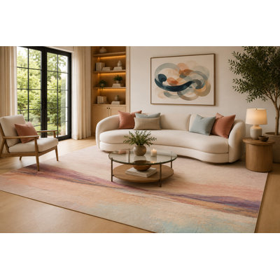 6'7" x 9'10" Blush, Mauve and Cream Horizon Bands Area Rug for Living Room, Soft Low Pile Carpet with Non-Slip Backing for Bedroom, Dining Room and Office