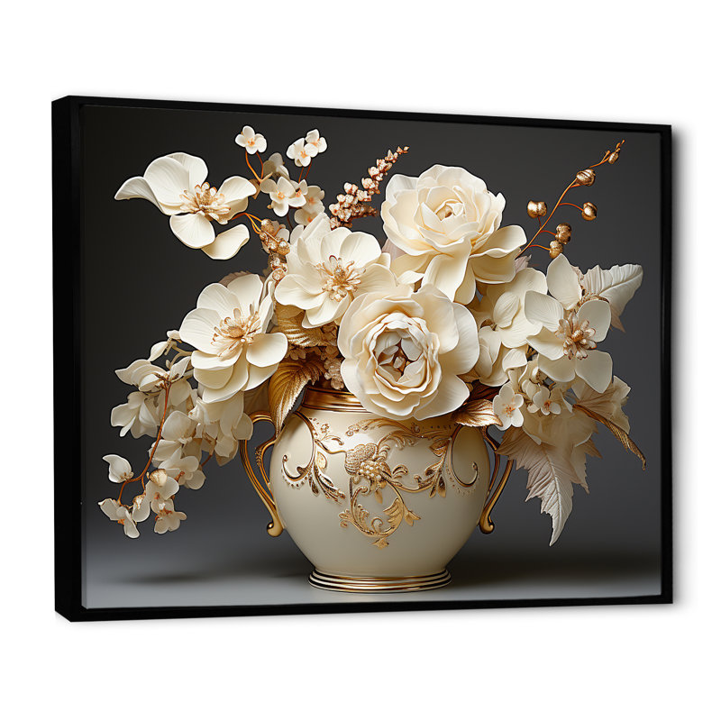 Impression sur toile Baroque Hydrangea blanc et or VII - Hydrangea, H 24 po x l 32 po x P 1 po, Cadre flottant noir