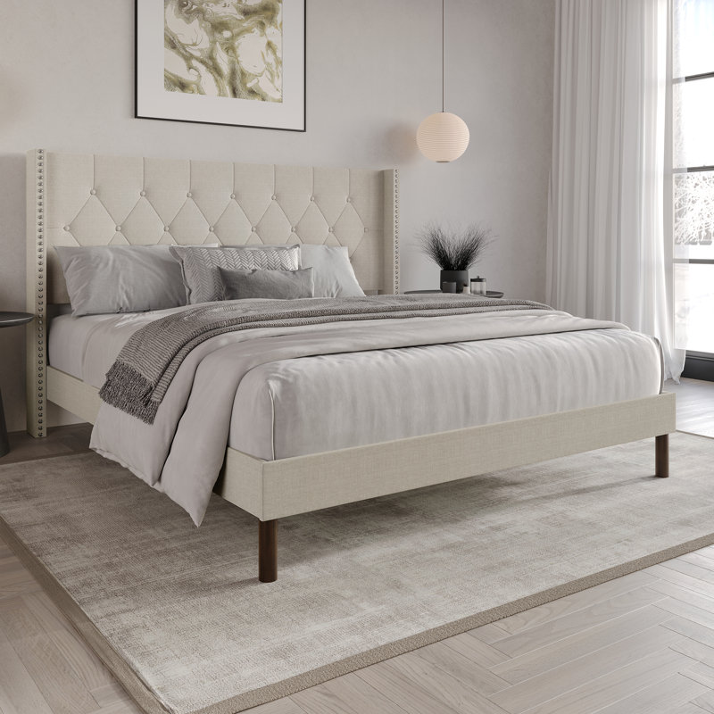 Linen Upholstered Wingback Bed , Full, Warm Gray