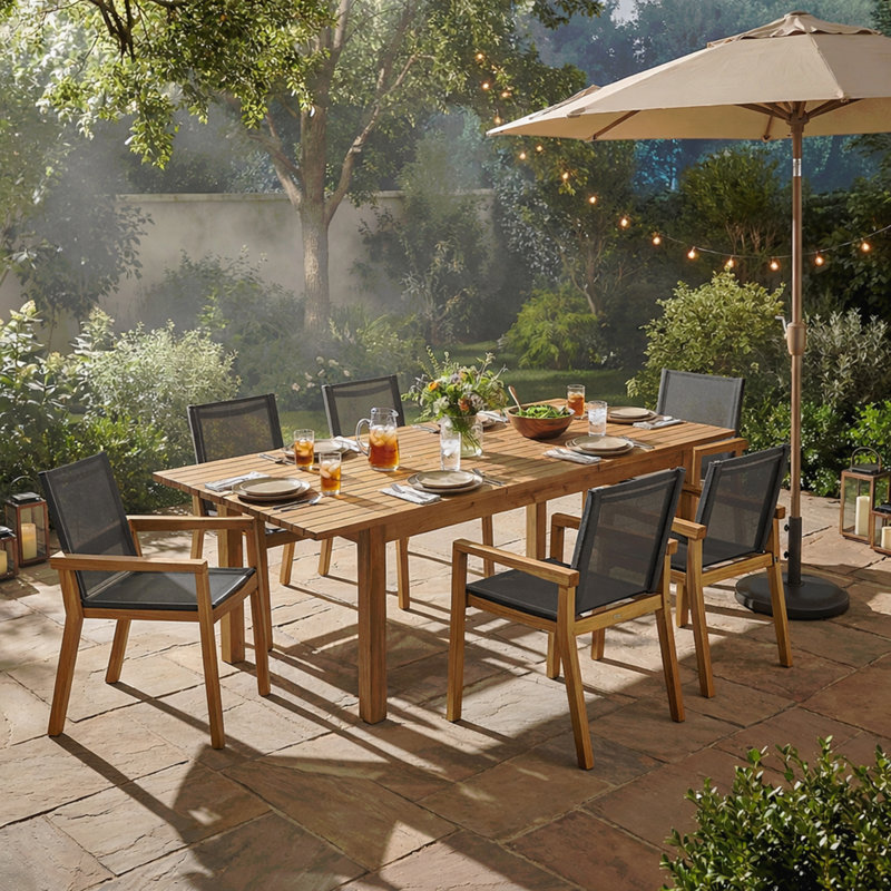 Ensemble de salle à manger d'extérieur en bois d'acacia 7 pièces 7 pièces, 1 grande table moderne, 1 ensemble de mobilier de salle à manger pour pelouse, cour, terrasse de jardin, bord de piscine