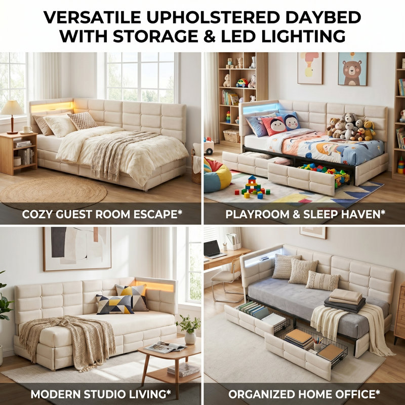 EU & UK Single & Double Linen Daybed with LED & USB Charging, L-Shaped Headboard & Side Drawers, Beige/Grey, 90/140x190/200cm