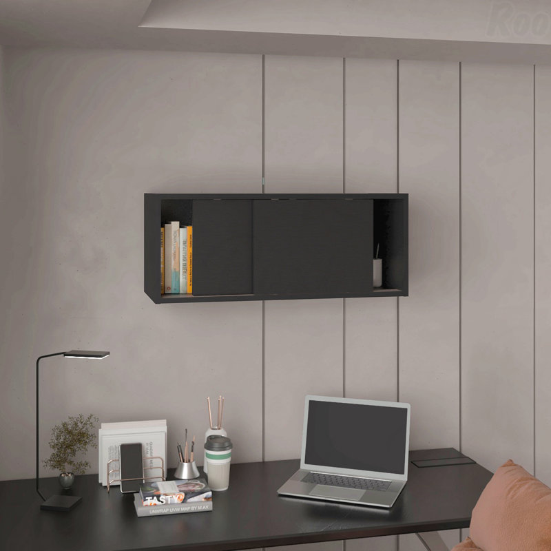 32"W X 13"H Wall Cabinet With Sliding Doors Storage Shelf For Bedroom/Office/Living Room/Garage, Black