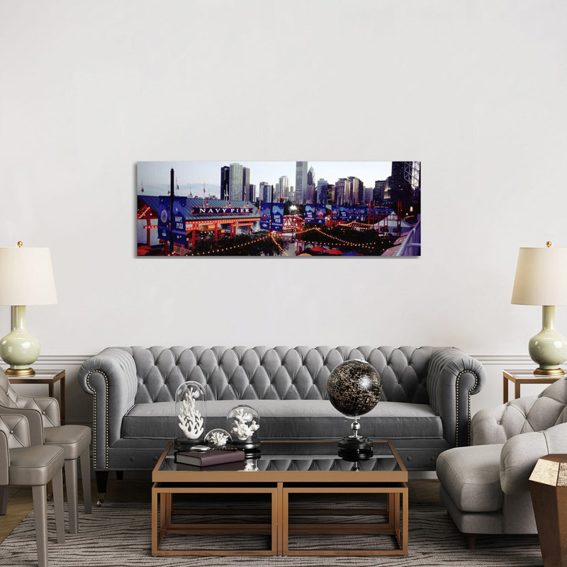 Amusement Park Lit Up at Dusk, Navy Pier, Chicago, Illinois, USA 1 Piece Wrapped Canvas Panoramic Wall Art