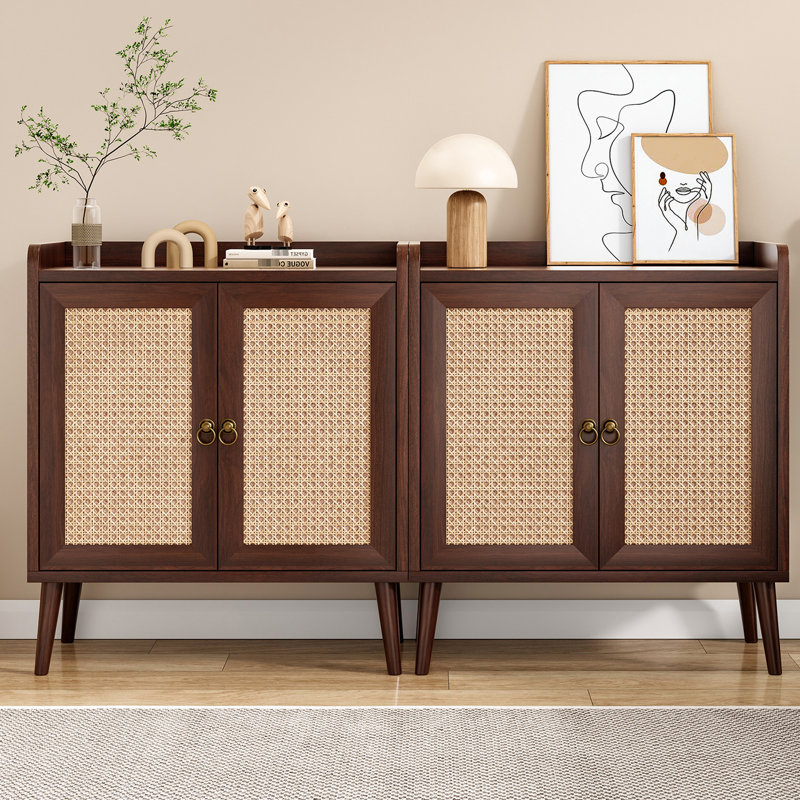 Sideboard Buffet With - Embellished Storage For Kitchen, Medieval Style, Walnut Colored Wood, 15 In Depth, 26.4 Width, 30 Height, Dessert, Baffle Strip Arc Design Vintage Doors Living Room, Books,