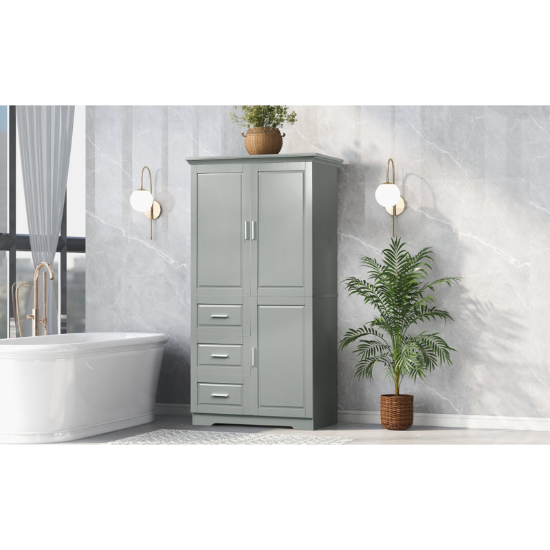 Grey Tall And Wide Storage Cabinet With Doors And Three Drawers For Bathroom Or Office Use | Gift Idea, Gray