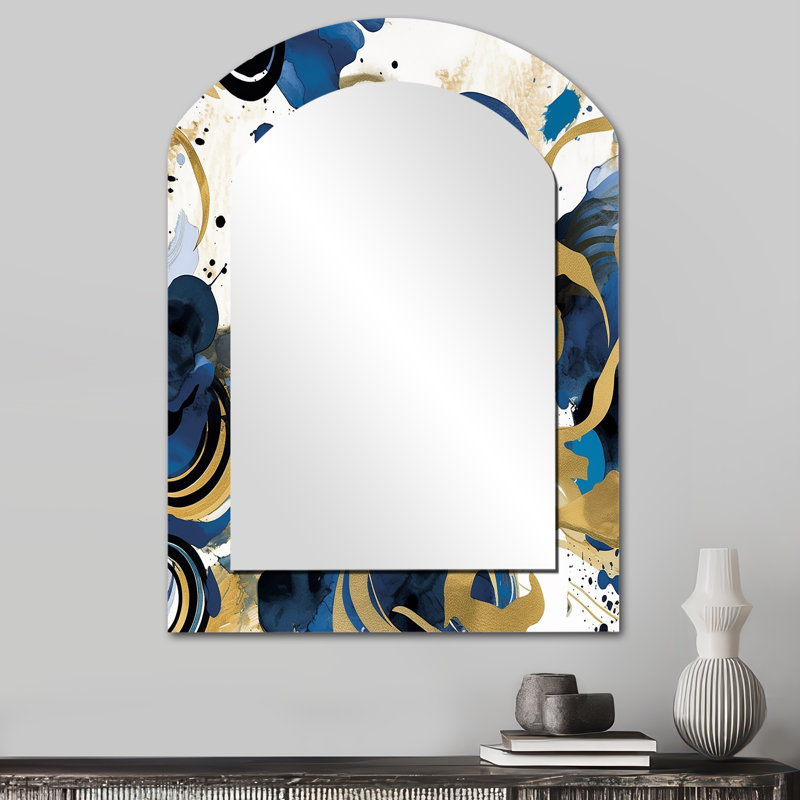 Longino Abstract Pattern With Blue & Golden Textures XII - Minimalism Asymmetrical Decorative Wall Mirror, Modern Arch Mirror, Printed Metal Art