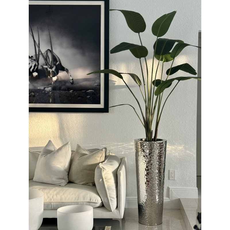 Faux Bird Of Paradise Tree in Metal Planter, Silver, 90" H x 40" W x 24" D