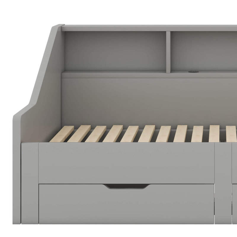 Transformable Daybed Frame Twin To King Size With Sleek Storage Bookcases, Grey