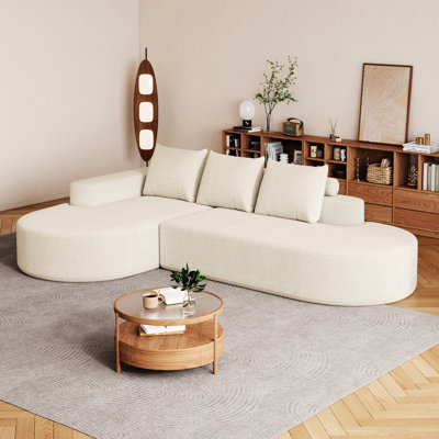 Chenille en L à 3 places revêtue de lignes arrondies, matériau doux et très résistant, conception d'oreiller, chenille beige moderne dans la chambre à coucher, canapé modulaire, coussins, sans assemblage,