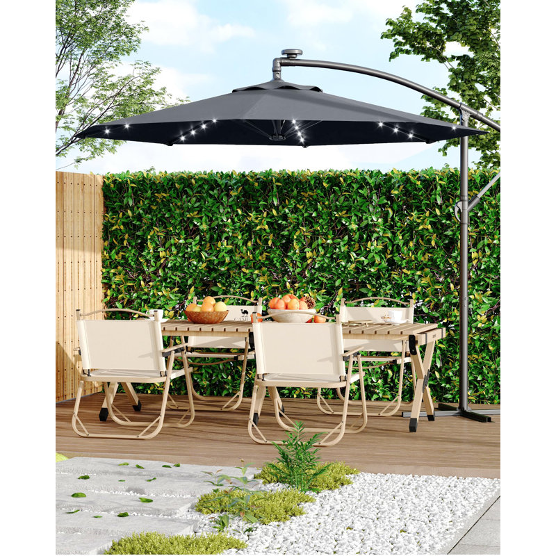 Parasol décalé de 10 pi avec lumières solaires 32 lumières DEL avec inclinaison infinie et base en croix pour la cour arrière de la piscine (gris)