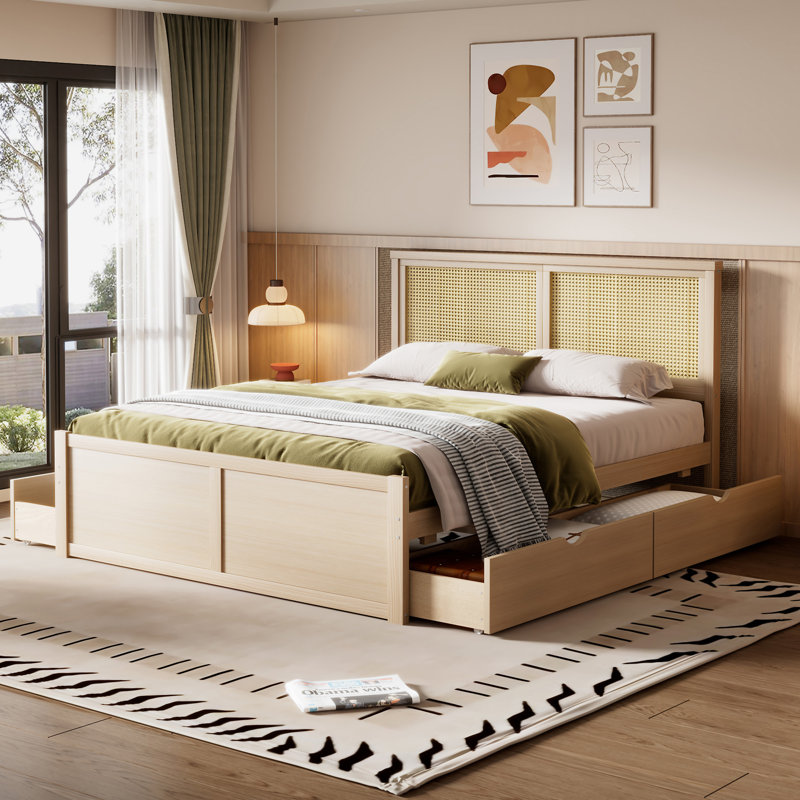 Lit plateforme avec rangement en bois avec 4 tiroirs, Naturel antique, Grand lit