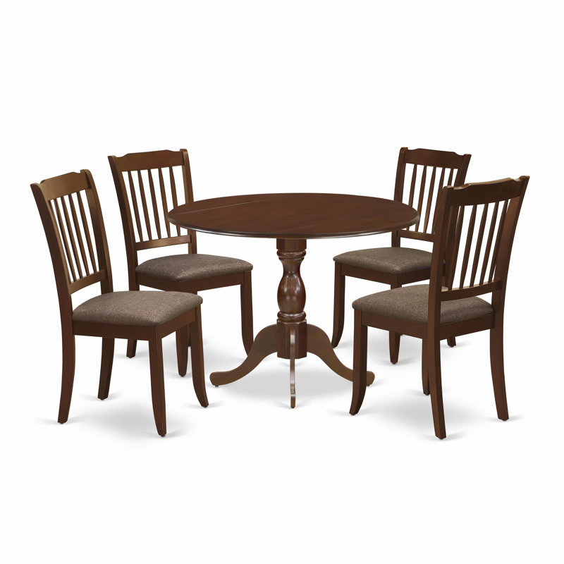 5 Piece Modern Dining Table Set Includes a Round Wooden Table with Dropleaf and 4 Linen Fabric Kitchen Dining Chairs, 42x42 Inch, Mahogany