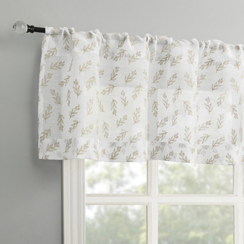 Carsonville Floral Leaf Sheer Rod Pocket Kitchen Curtain Valance, Beige