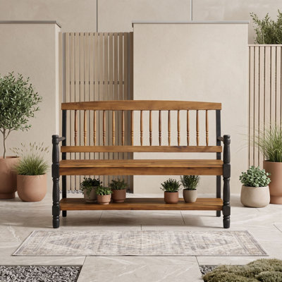 Banc de rangement en bois d'acacia avec tablette intégrée, détails sculptés à la main et cadre robuste pour le hall d'entrée