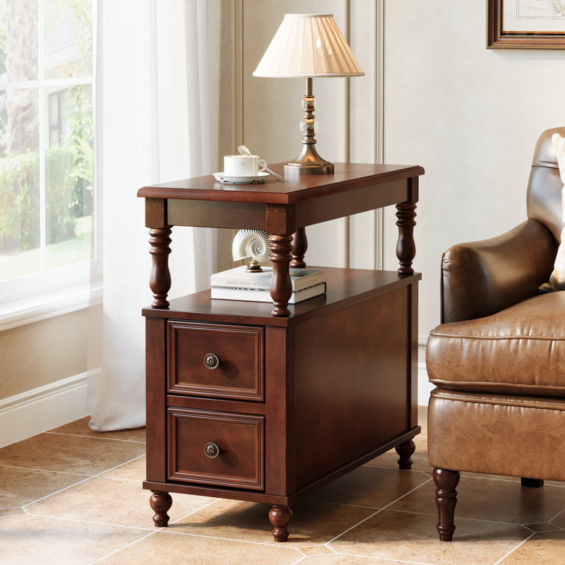 Solid Wood 2-Drawer End Table with Fluted Detailing, Dark Brown, 1