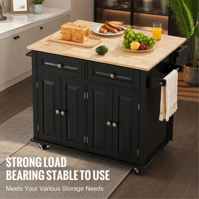 Armoire de rangement sur roulettes avec tiroir et tablettes pour îlot de cuisine, Noir, H 8,27 po x l 41,34 po x P 22,05 po