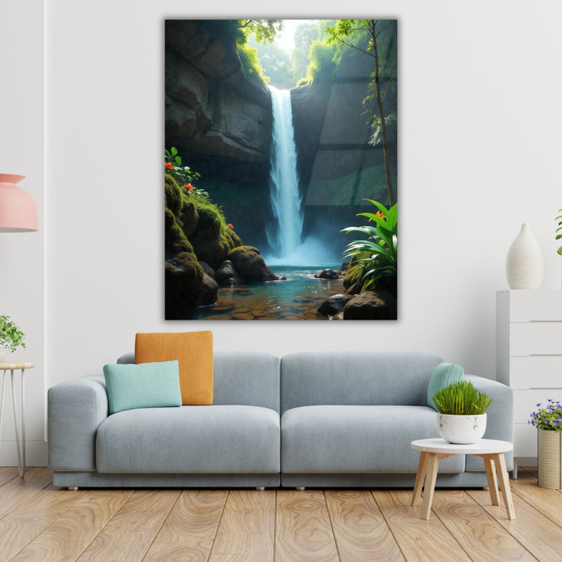Art mural en verre trempé forêt cascade, 20" H x 16" W