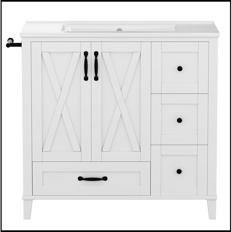 Meuble-lavabo de salle de bain avec lavabo, 4 tiroirs de rangement, tablettes de porte et tablette réglable, White