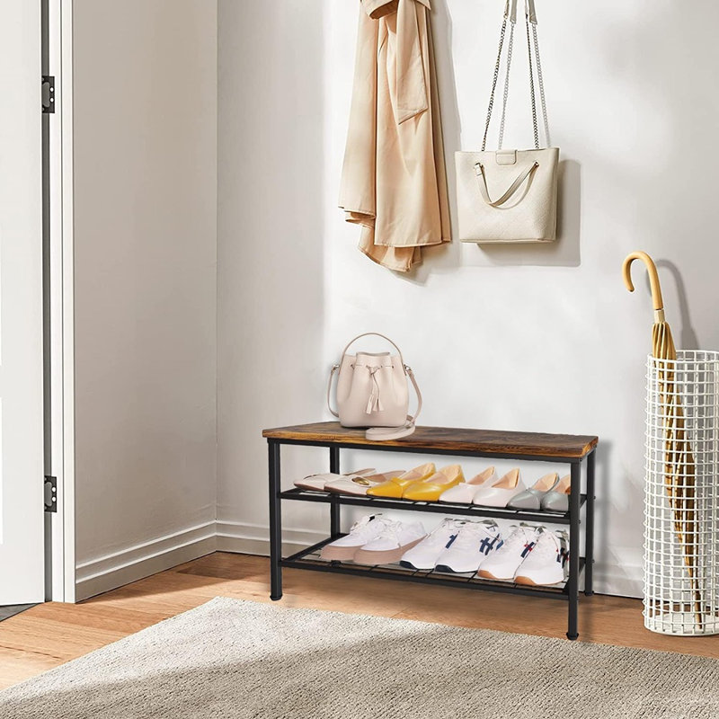 Étagère à chaussures industrielle à 3 niveaux, structure en métal avec plateau en bois, rangement pour vestibule peu encombrant, bronze et noir