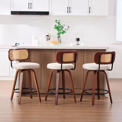 De 3 tabourets de bar, comptoir de 26 po, finition noire noyer, dossier en canne, revêtement en lin beige, pivotant pour îlot de cuisine ou bar, flux d'air arrière ventilé, 360 pieds et pieds, salle à manger de style américain avec