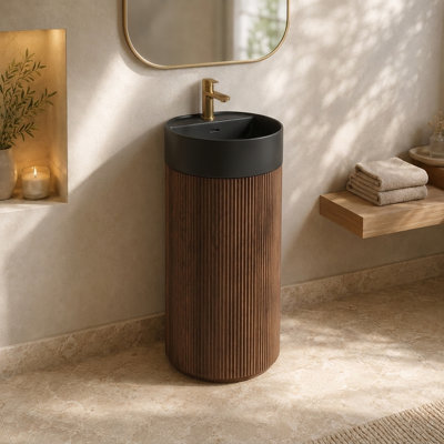 16" Freestanding Cylindrical Bathroom Vanity with White Solid Surface Vessel Sink, Round Pedestal Cabinet with Faucet Hole