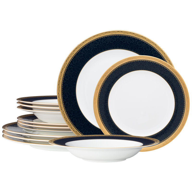 Noritake Odessa Cobalt 12-Piece Dinnerware Set, Service For 4, Gold